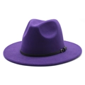 Detail of a dark purple wool fedora hat featuring a black leather band with silver buckle - M (56-58cm) / Purple