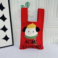 Red knitted tote bag featuring a cute cartoon dog embroidery and soft dual handles - Thinking Dog Red