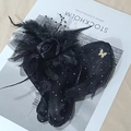 Elegant black fascinator with feathers, mesh veil and rose, vintage hair accessory - Twist Clip / Black Fuzzy Flower