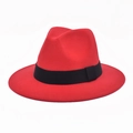 Detailed view of red wool felt fedora hat featuring a classic black grosgrain ribbon band - M (56-58cm) / Red
