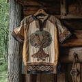 Detailed close-up of Tree of Life embroidery and Celtic patterns on a linen men's shirt - Xsy08925071815 / XL