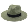 Detail of dark green Panama hat featuring fine straw weave and wide black ribbon band - One Size / Army Green