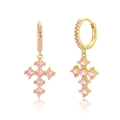 Close-up of gold-plated S925 silver hoop earrings with pink pavé-set cross charms - Gold Base Micro-inlaid Pink Zirconia Cross Hoop / Pink Gold