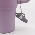 Cute grey bubble tea cup keychain with daisy flower pattern and silver bead chain - Keychain / Dark Grey Flower Cup with Bead Chain