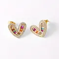 Golden heart stud earrings featuring rainbow zircon stones and a pavé border setting - Rainbow Gradient Heart Studs