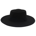 Detailed view of black wool felt boater hat featuring a flat top and satin ribbon - Adult (57-60cm) / Black