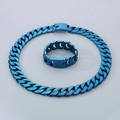 Blue electroplated stainless steel Cuban link necklace and bracelet set in studio lighting - Blue / Bracelet 23cm