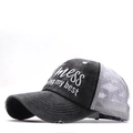 Close-up of vintage washed cotton trucker hat with mess doing my best embroidery - Dark Grey with Grey Mesh mess doing my best(07)