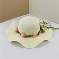 Women's summer straw sun hat with large wavy brim and elegant floral rose decoration - Adult M (56-58cm) / Creamy White