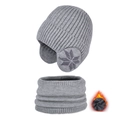 Grey children's winter knit hat and scarf set with ear flaps and snowflake pattern - Two-Piece Set / Light Gray
