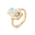 Detail eines Goldrings der Hand der Fatima mit blauem Emaille-Auge und Zirkon - Hamsa Hand Stil (12127) / Weiß