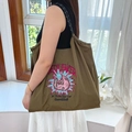 Olive green Ball Chain nylon tote bag with cat embroidery and spacious shoulder strap - Army Green (Scared Cat)