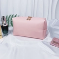 Pink PU leather bridal makeup bag with pearl letters and gold zippers on white silk fabric - Medium / Pink