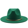 Elegant dark green wool fedora hat with a flat wide brim and gold chain link band - M (56-58cm) / Grass Green