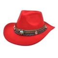 Detail of red wool felt cowboy hat with ethnic beads, turquoise and tassel trim - M (56-58cm) / Red