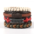 Detail of multi-layer woven leather bracelets with wooden beads and believe metal plate - TZ4-A04 Believe Plate