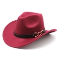 Detail view of burgundy wool cowboy hat with textured black band and gold metal buckle - M (56-58cm) / Burgundy