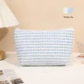 Portable blue and white plush makeup bag with soft textured dots and zip closure - Blue/Dots/X-159-2