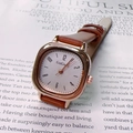 Vintage rose gold square quartz watch with a brown leather strap and white dial - Brown