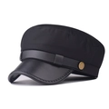 Classic black PU leather flat top newsboy hat with cotton crown and gold button detail - M (56-58cm) / Cotton Black
