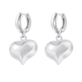 Detailed macro view of silver heart drop earrings with polished metallic finish and hoop design - VE1305 Silver Heart Dangle Earrings