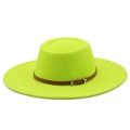 Close-up of neon yellow wool fedora featuring a brown leather belt buckle and fine felt texture - M (56-58cm) / Fluorescent