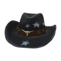 Summer black woven western cowboy straw hat with white star pattern and bull head ornament - One Size / Black with Windproof Rope (Brown Bull Head)