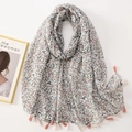 Floral cotton linen scarf in pastel blue with elegant tassel fringe for women - C1218 Fresh Pink Blue Floral