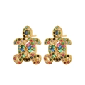 Golden turtle stud earrings with colorful multi-gemstone inlay for women - Sea Turtle