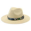 Close-up of beige straw fedora hat featuring a colorful snakeskin pattern decorative band - M (56-58cm) / Beige