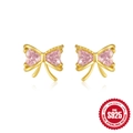 S925 sterling silver bow earrings with pink heart-shaped cubic zirconia in gold plating - Pink Heart Bow / Gold #1