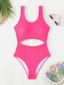 Vibrant rose pink ribbed one-piece swimsuit with midriff cutout and high-cut leg - S / Bright Pink
