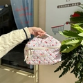 Pink floral quilted cosmetic bag with ribbon zippers and cute handle design - Pink Plaid Small Flower