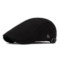 Classic black cotton newsboy cap featuring an adjustable silver metal buckle on side - Black