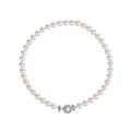 Elegant white pearl necklace featuring a sparkling silver diamond-encrusted clasp - Bright White