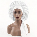 White satin bonnet with wide elastic band and long ties for women sleeping hair care - Extra Large / White