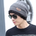 Winter knitted beanie for men in grey with warm black fleece lining and leather patch - Hat Only / Dark Gray