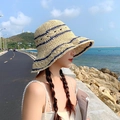 Handwoven beige straw sun hat with blue stripes, wide brim style for summer seaside beach travel - L (58-60cm) / Contrast Trim Stripe Beige