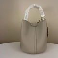 Gray pebble grain leather bucket bag with top handle and decorative silk scarf - Elephant Gray