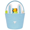 Light blue woven cotton rope Easter bunny basket filled with colorful decorative eggs - With Handle / Blue