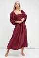 Boho-Kleid in Weinrot mit Karree-Ausschnitt, Blumenstickerei und Puffärmeln - Ziegelrot