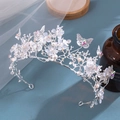 Silver bridal tiara featuring white flowers, pearls, and crystals with butterfly accents - Silver/AB Zirconia