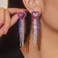 Luxury heart earrings with long sparkling red blue and white rhinestone tassels - Silver Red Blue Heart Fringe
