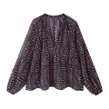 Women's loose paisley print blouse with V-neck and long sleeves in ethnic style - XS / Deep purple