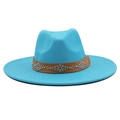 Cyan wide brim wool fedora hat with bohemian rivet leather band for men and women - M (56-58cm) / Lake Blue(03)