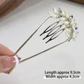 Épingle à cheveux dorée en U avec feuilles blanches, perles et cristaux, longueur 9,5 cm - Oeil de Chat en Forme de Feuille (81#)