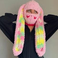 Pink handmade knit bunny ear balaclava hat with colorful mixed crochet ear detail - Mixed Color Rabbit Ears