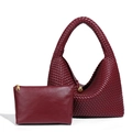 Handcrafted burgundy woven leather shoulder bag with matching clutch and gold hardware - Burgundy