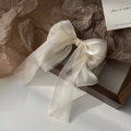 Elegant beige sheer fabric bow hair clip with ribbons on an artistic wooden frame - Beige Spring Clip