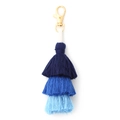 Boho handmade three-tier cotton tassel keychain in gradient blue with gold lobster clasp - Blue Gradient Three-layer Tassel / Blue